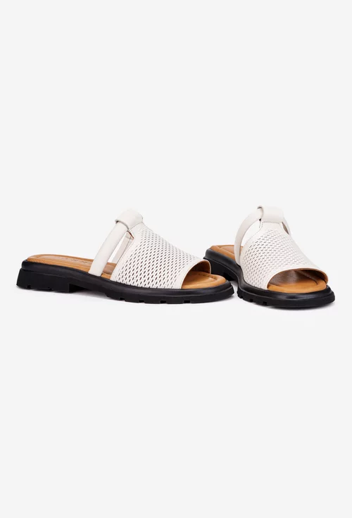 Sandale stil papuc dama din piele perforata bej