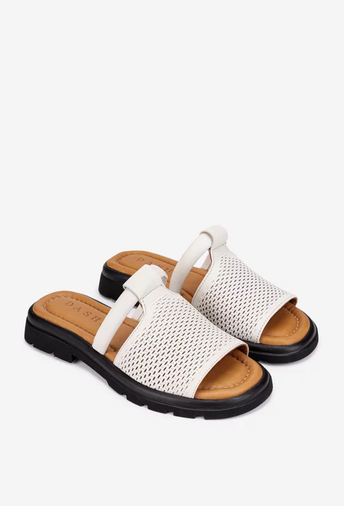 Sandale stil papuc dama din piele perforata bej