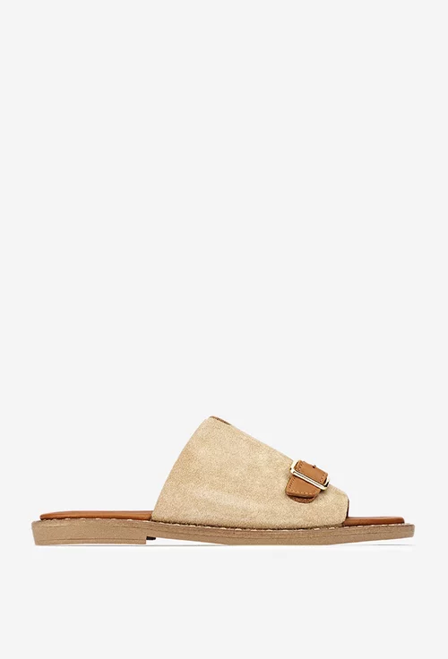 Sandale stil papuc dama din piele taupe cu maro