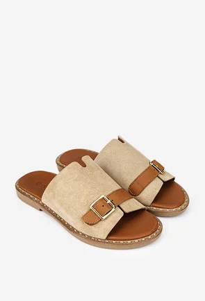 Sandale stil papuc dama din piele taupe cu maro