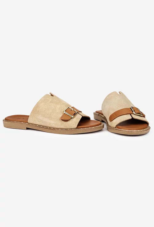 Sandale stil papuc dama din piele taupe cu maro