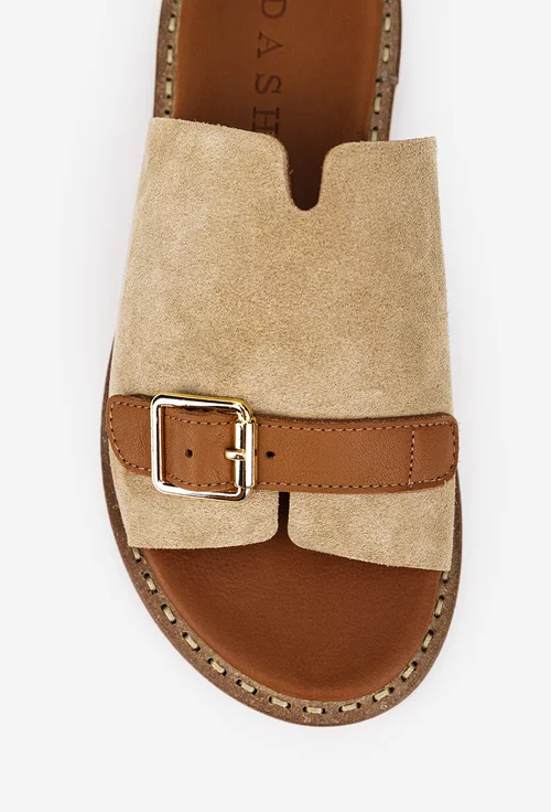 Sandale stil papuc dama din piele taupe cu maro