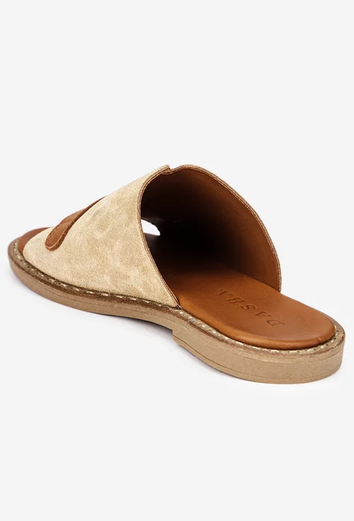 Sandale stil papuc dama din piele taupe cu maro