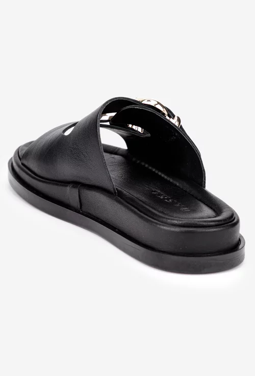 Sandale stil papuc dama negre din piele naturala cu catarame aurii