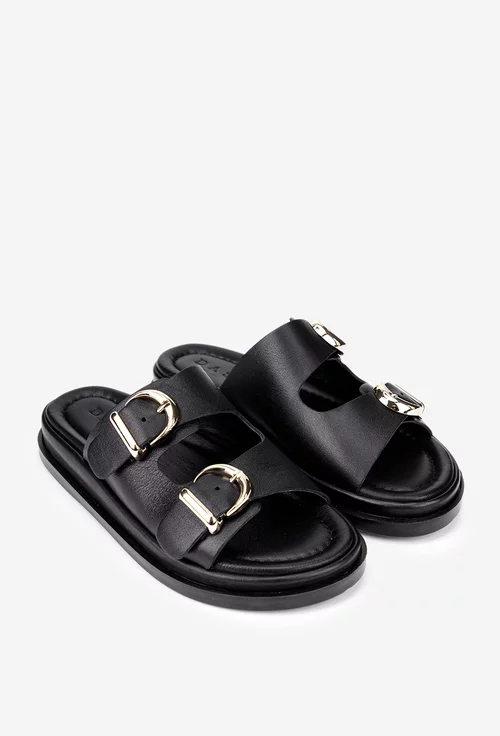 Sandale stil papuc dama negre din piele naturala cu catarame aurii