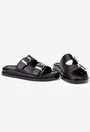 Sandale stil papuc dama negre din piele naturala cu catarame aurii