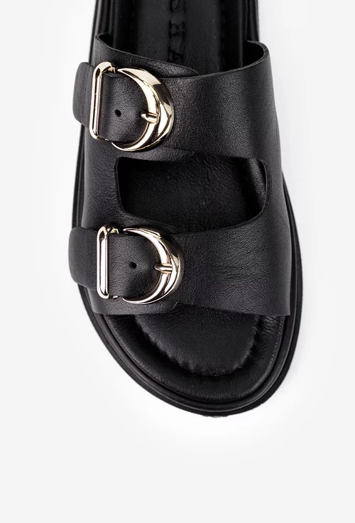 Sandale stil papuc dama negre din piele naturala cu catarame aurii