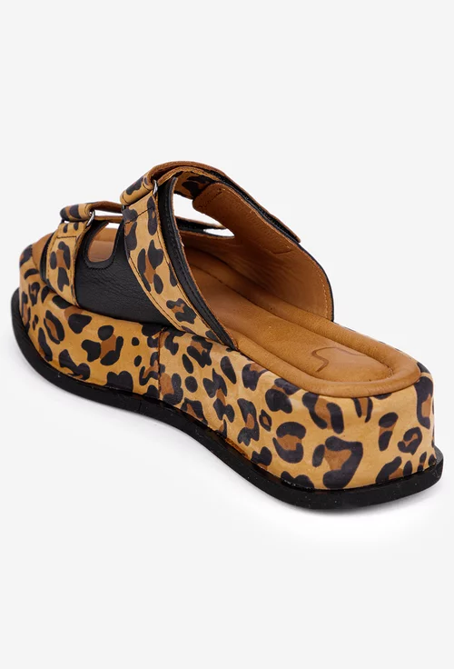 Sandale stil papuc dama NUR maro cu negru din piele