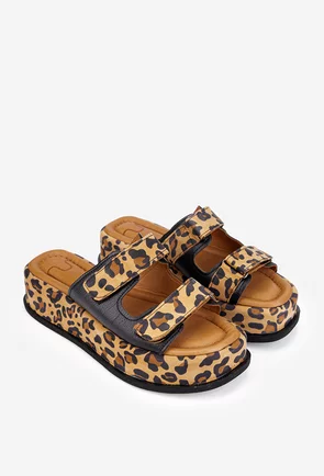 Sandale stil papuc dama NUR maro cu negru din piele