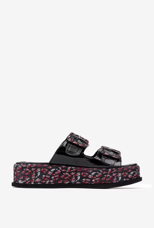 Sandale stil papuc dama NUR negre din piele lacuita
