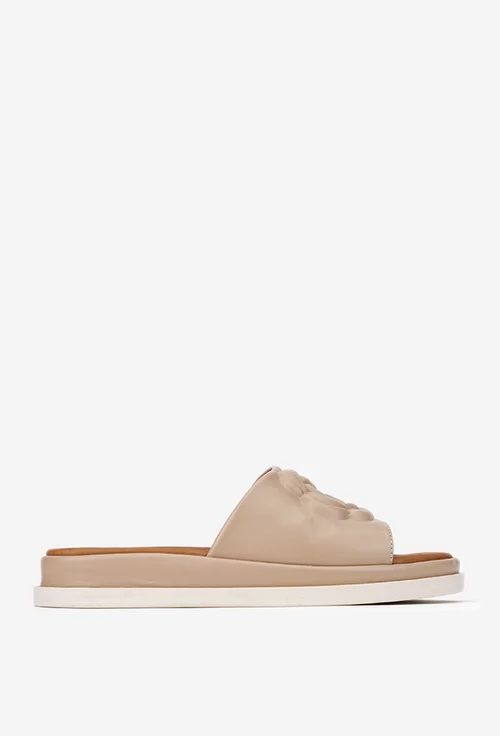 Sandale stil papuci dama din piele bej cu model floare