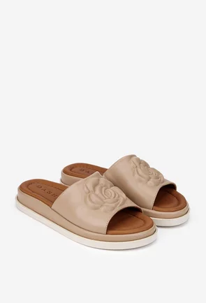 Sandale stil papuci dama din piele bej cu model floare