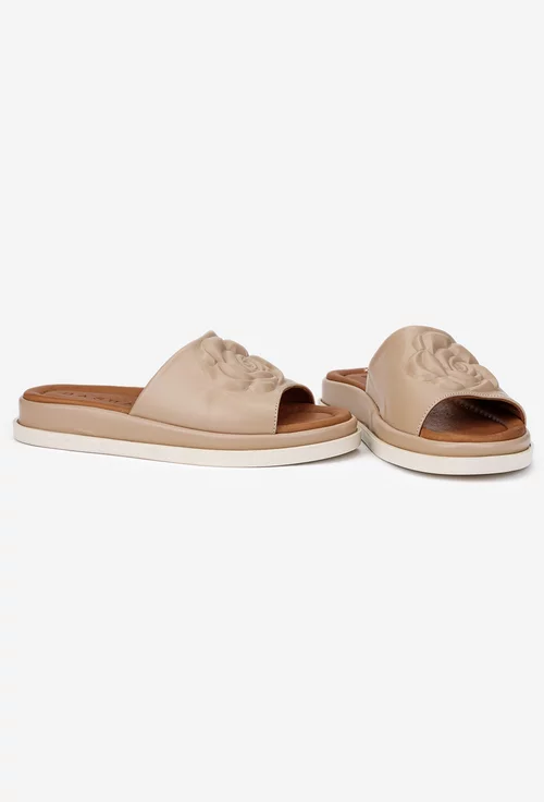 Sandale stil papuci dama din piele bej cu model floare