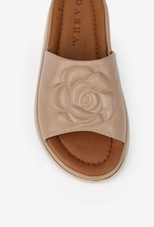 Sandale stil papuci dama din piele bej cu model floare