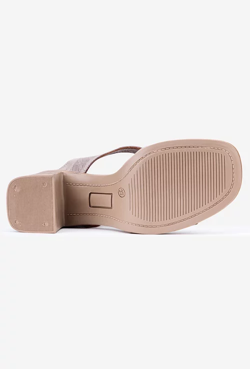 Sandale taupe din piele cu toc gros