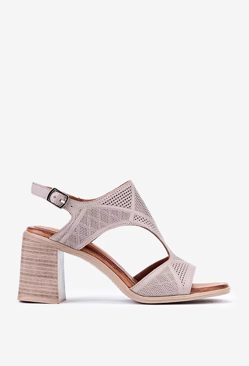 Sandale taupe din piele cu toc gros