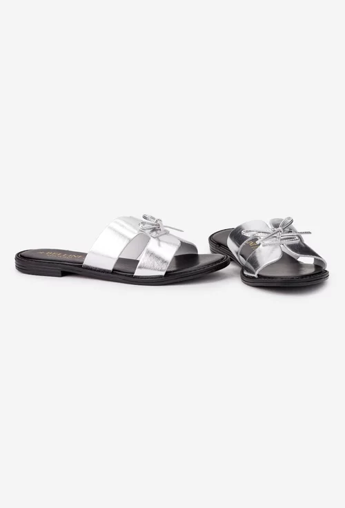 Sandale tip papuc dama din piele argintie cu funda subtire