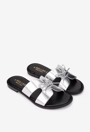 Sandale tip papuc dama din piele argintie cu funda subtire