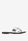 Sandale tip papuc dama din piele argintie cu funda subtire