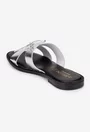 Sandale tip papuc dama din piele argintie cu funda subtire
