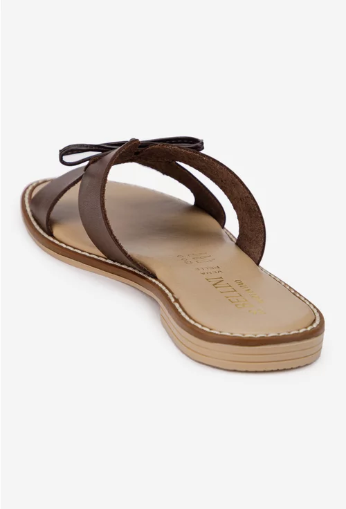 Sandale tip papuc dama din piele maro cu funda subtire