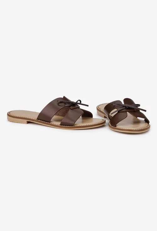 Sandale tip papuc dama din piele maro cu funda subtire