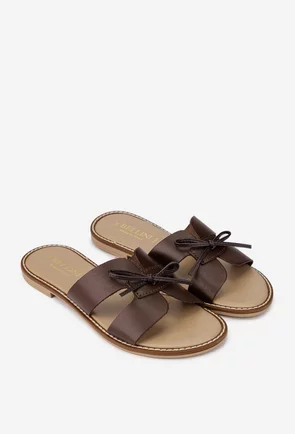 Sandale tip papuc dama din piele maro cu funda subtire
