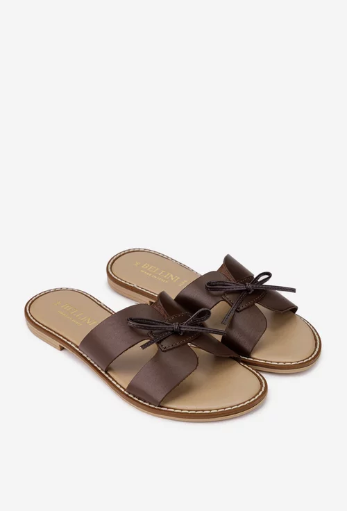 Sandale tip papuc dama din piele maro cu funda subtire