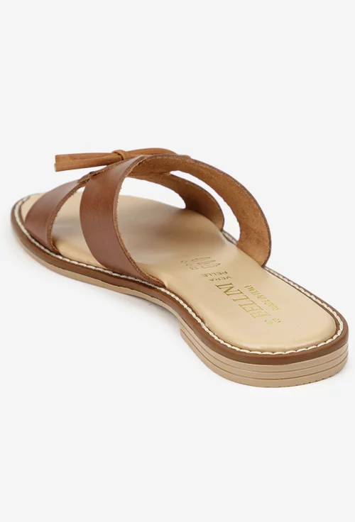Sandale tip papuc dama din piele maro cu funda subtire picture - 4