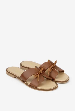 Sandale tip papuc dama din piele maro cu funda subtire