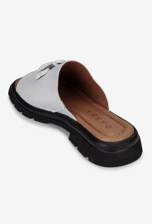 Sandale tip papuc dama din piele naturala alba cu floare