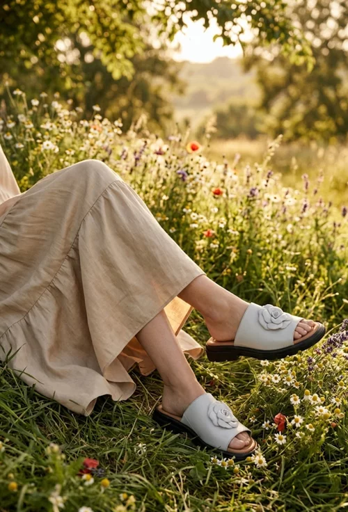 Sandale tip papuc dama din piele naturala alba cu floare