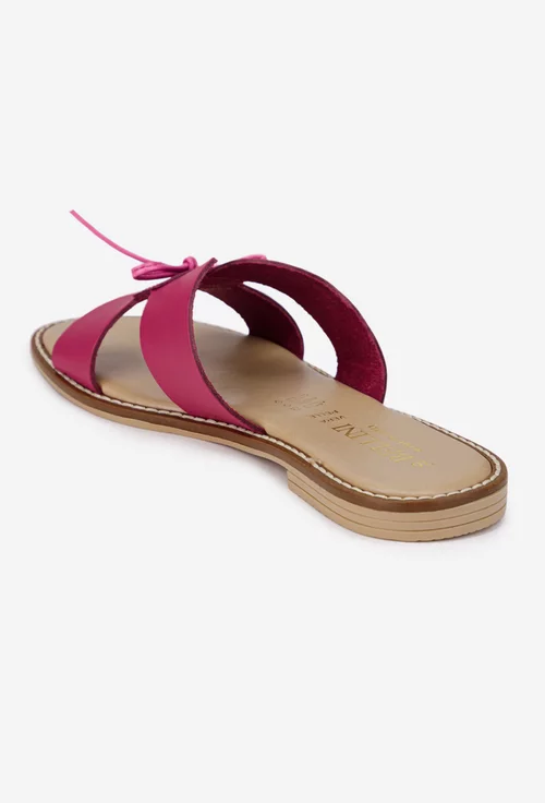 Sandale tip papuc dama din piele roz cu funda subtire