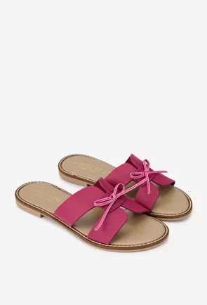 Sandale tip papuc dama din piele roz cu funda subtire