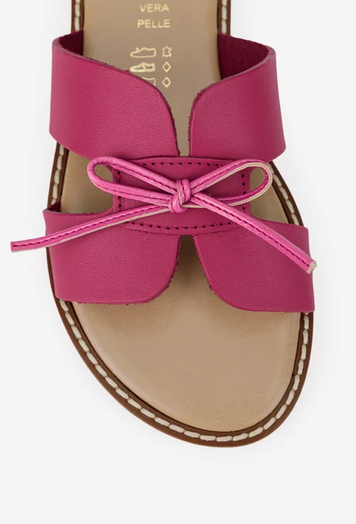 Sandale tip papuc dama din piele roz cu funda subtire