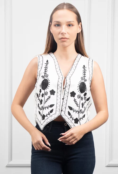 Vesta alba cu broderie neagra