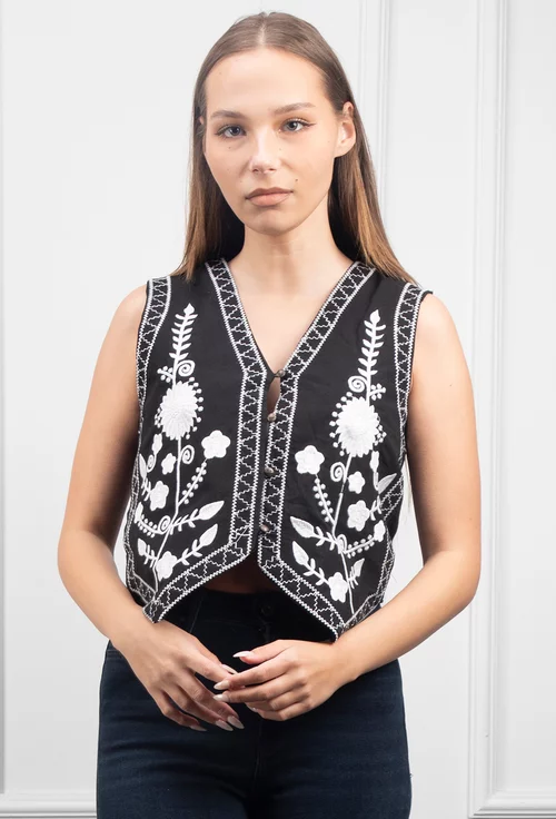 Vesta neagra cu broderie alba