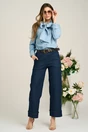 Blugi casual din denim albastru inchis cu baza intoarsa si curea in talie