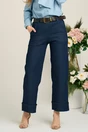 Blugi casual din denim albastru inchis cu baza intoarsa si curea in talie