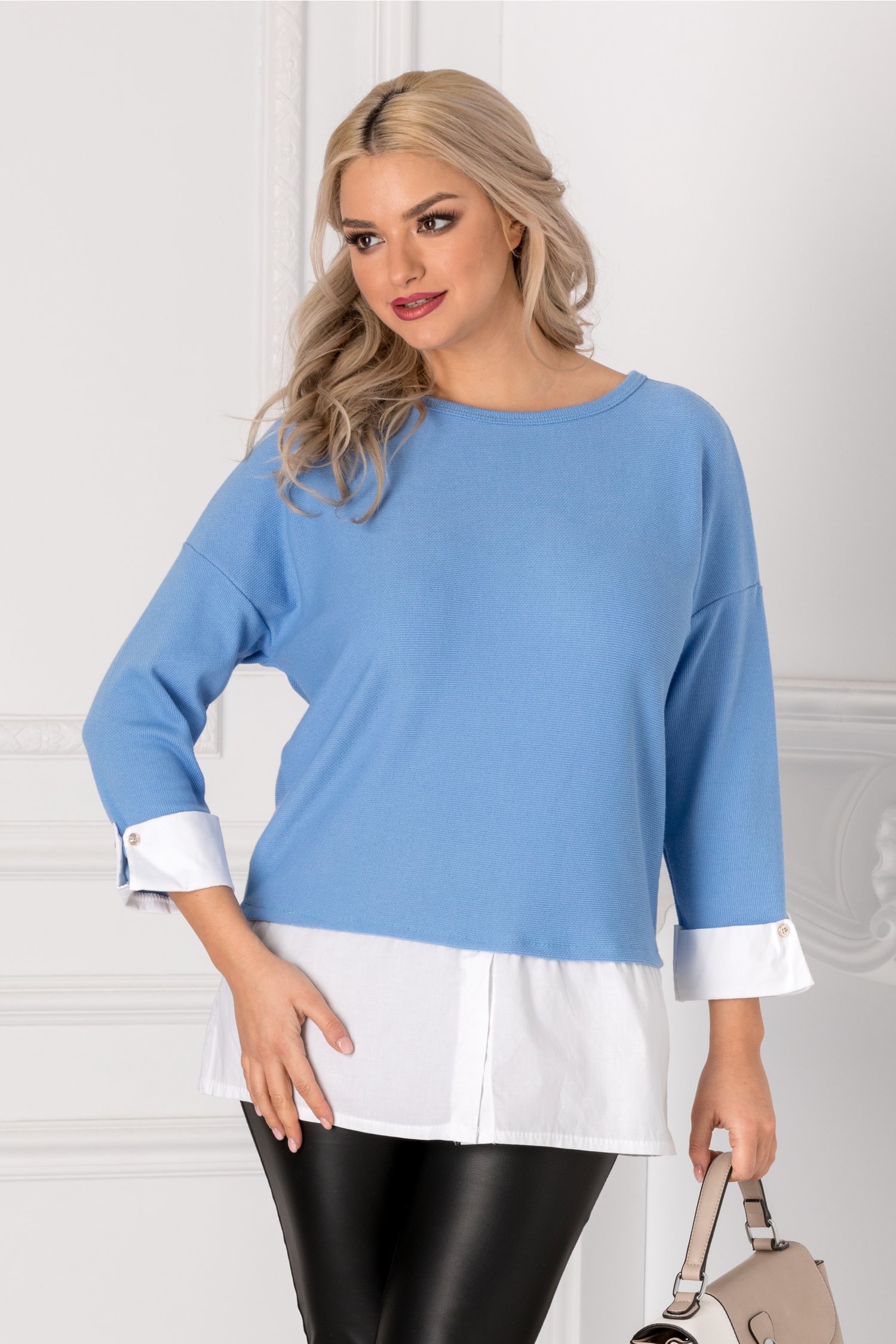 Bluza Alpe bleu cu mansete albe