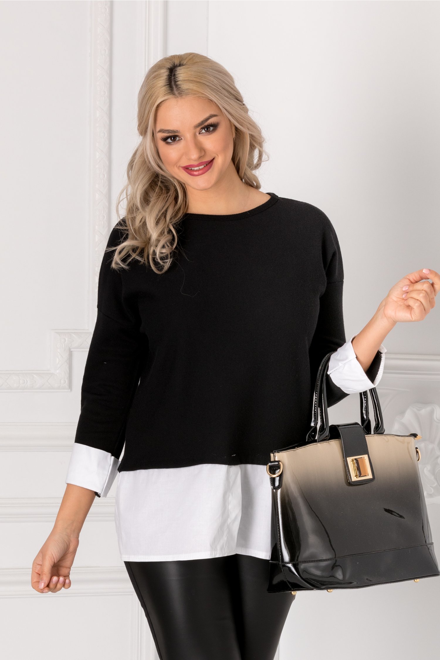 Bluza Alpe neagra cu mansete albe
