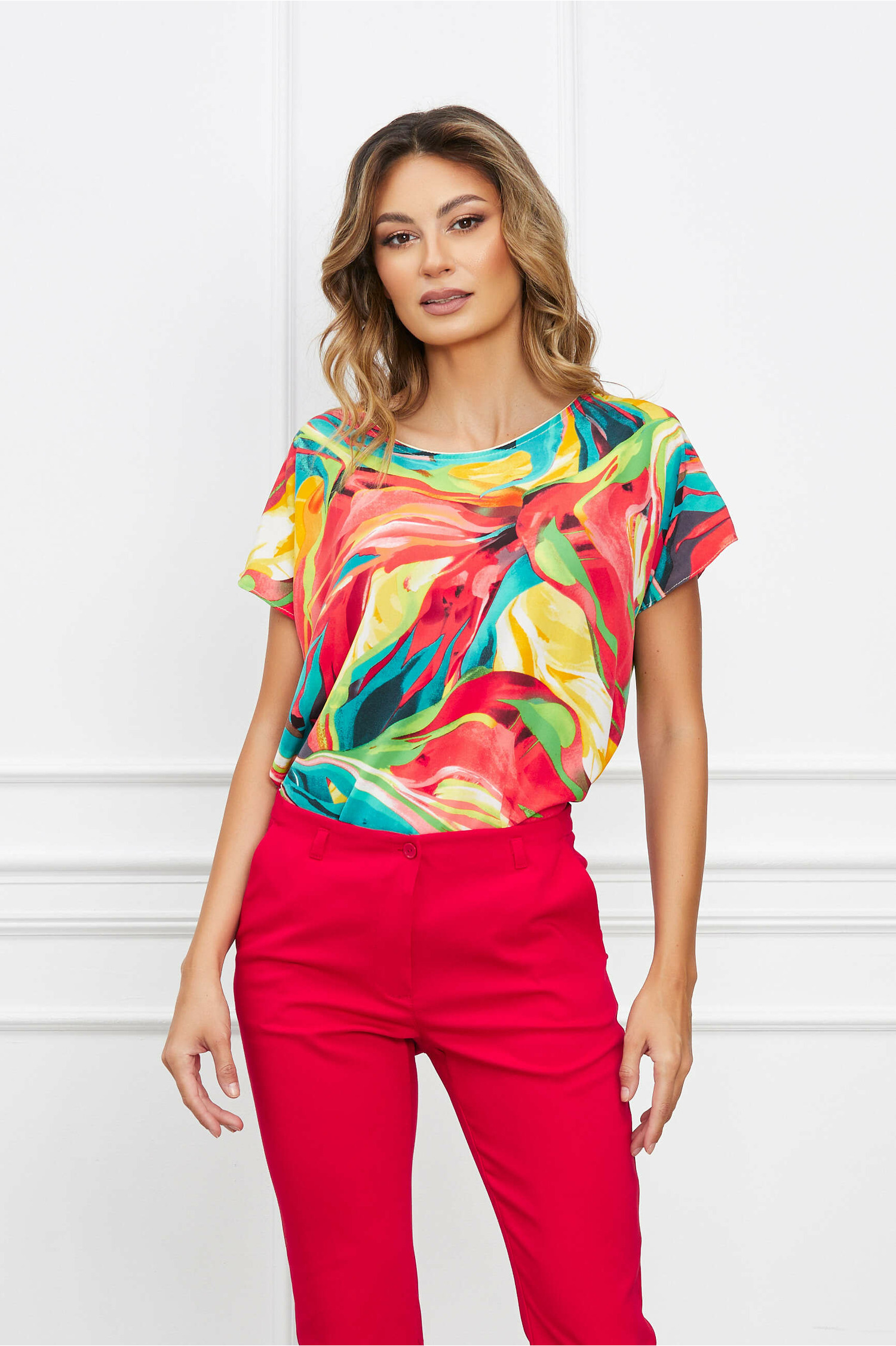 Bluza Andrada orange cu imprimeu turcoaz