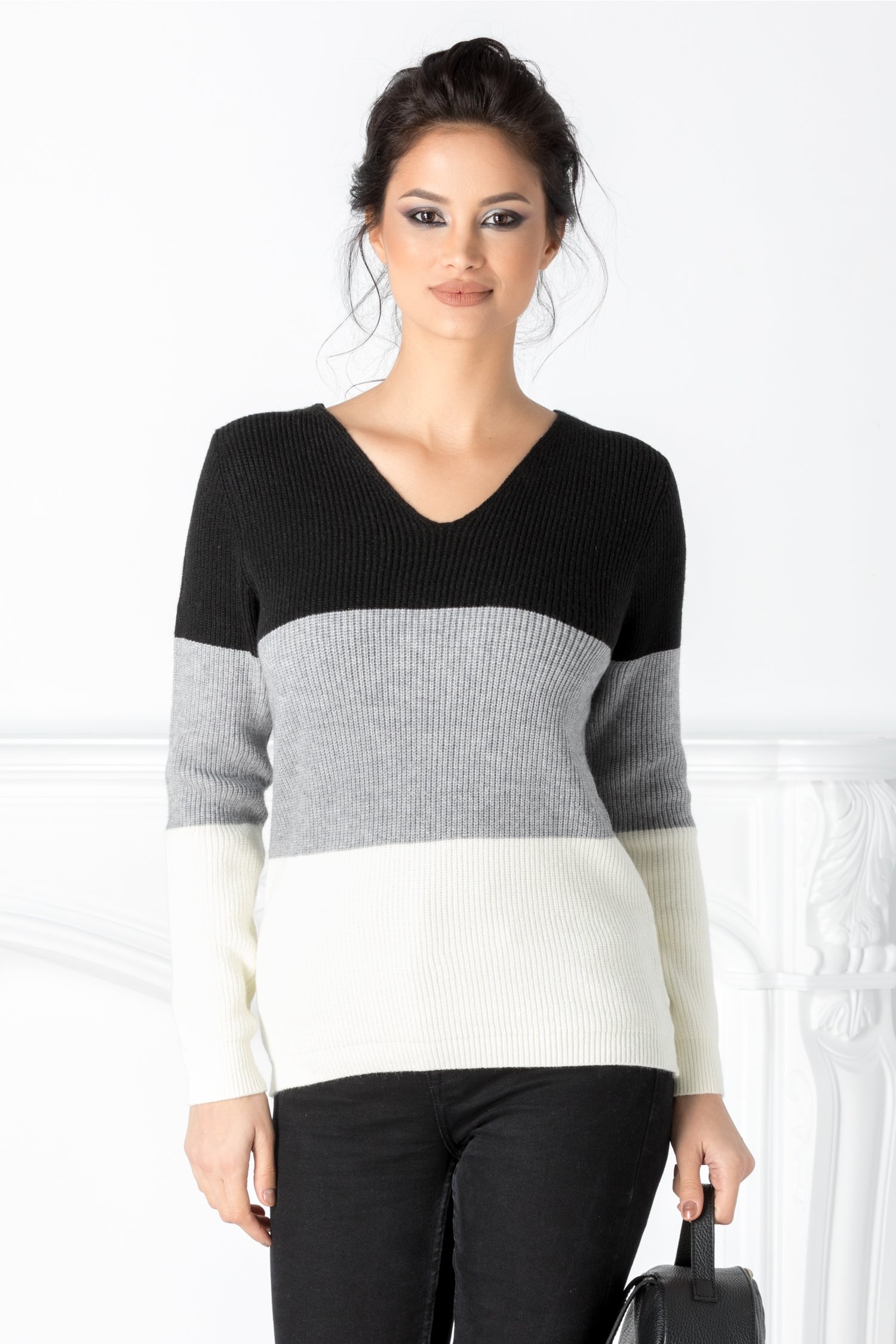 Bluza Angi casual negru cu gri si alb