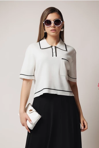 Bluza casual alba din tricot cu buzunar si nasturi