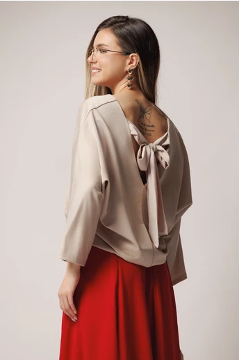 Bluza casual din jerse bej cu funda la spate