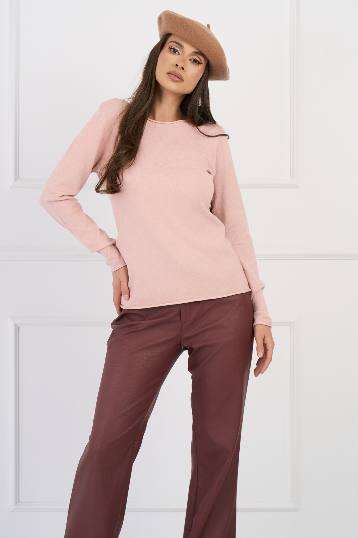 Bluza casual din tricot roz cu decolteu rotund