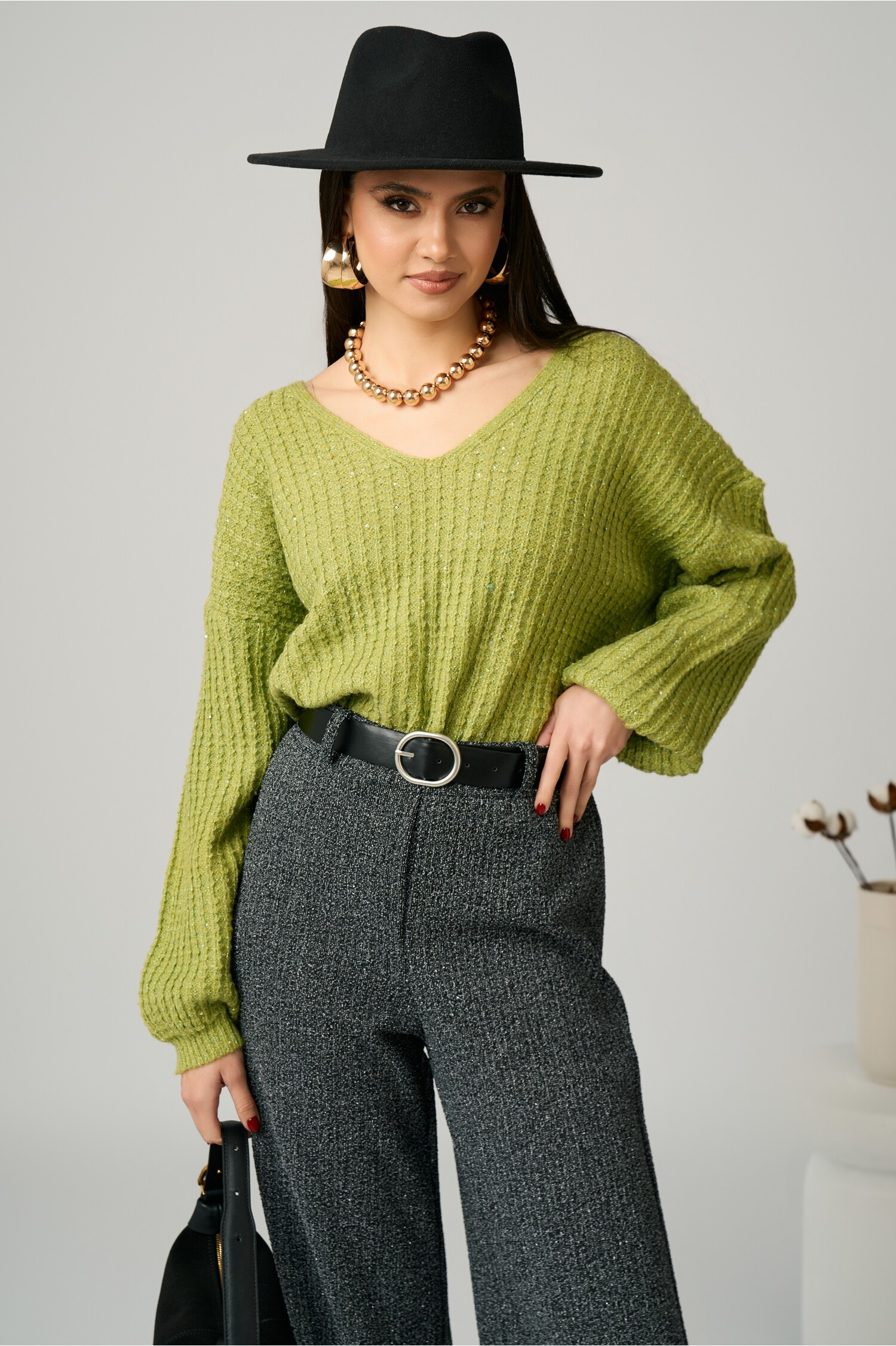 Bluza casual din tricot verde cu paiete si fir lurex