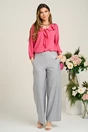 Bluza casual din viscoza fucsia cu volane si funda la decolteu