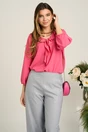 Bluza casual din viscoza fucsia cu volane si funda la decolteu