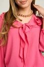 Bluza casual din viscoza fucsia cu volane si funda la decolteu
